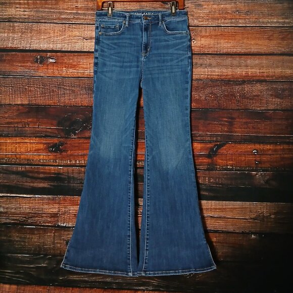 American Eagle Jeans Size 10 Super High Rise Slit Flare Blue Denim Stretch - Picture 3 of 12